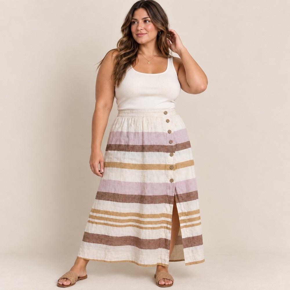 Rachel Zoe Womens XL 100% Linen Striped Button Front Midi Skirt Multi-Color XL